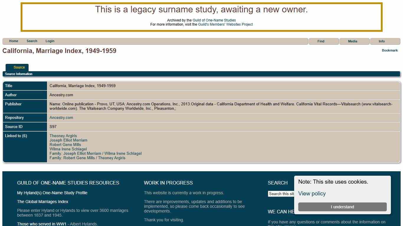 California, Marriage Index, 1949-1959: The Family History of the Hylands Family